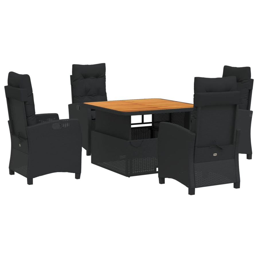5 Piece Garden Dining Set with Cushions Black Poly Rattan