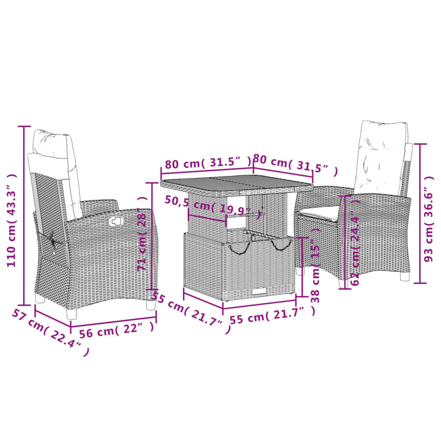 3 Piece Garden Dining Set with Cushions Grey Poly Rattan