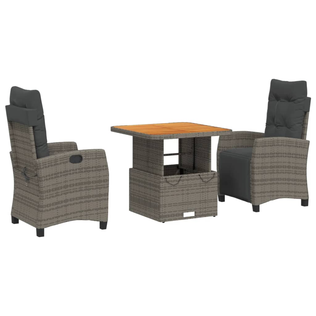 3 Piece Garden Dining Set with Cushions Grey Poly Rattan