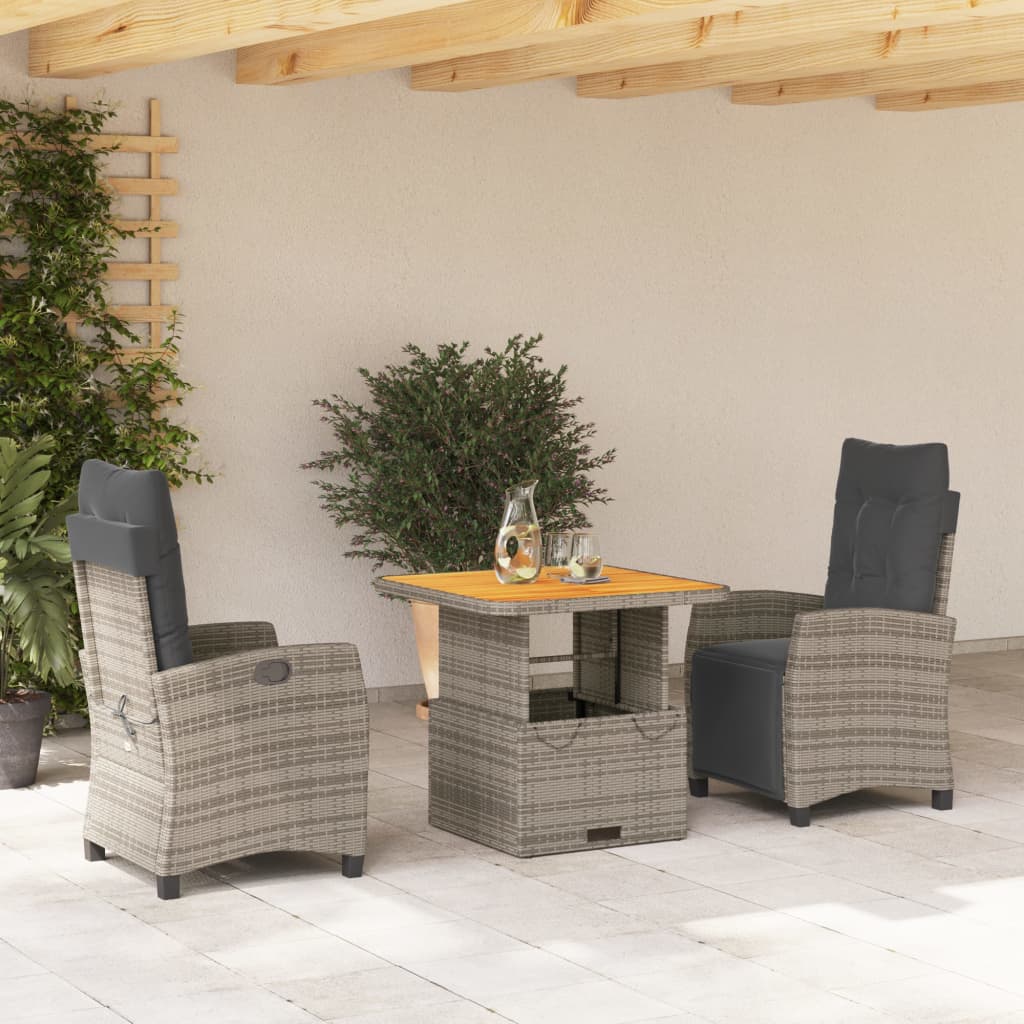 3 Piece Garden Dining Set with Cushions Grey Poly Rattan