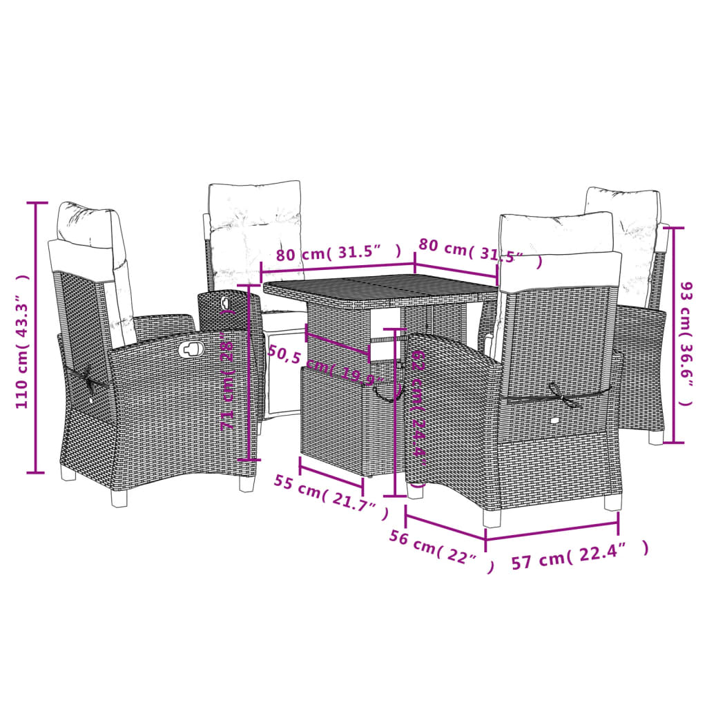 5 Piece Garden Dining Set with Cushions Grey Poly Rattan