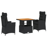 3 Piece Garden Dining Set with Cushions Black Poly Rattan - Front View
