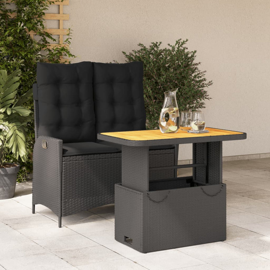 2 Piece Garden Dining Set with Cushions Black Poly Rattan