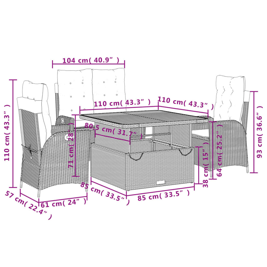 4 Piece Garden Dining Set with Cushions Grey Poly Rattan
