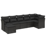 7 Piece Garden Sofa Set with Cushions Black Poly Rattan - Front View