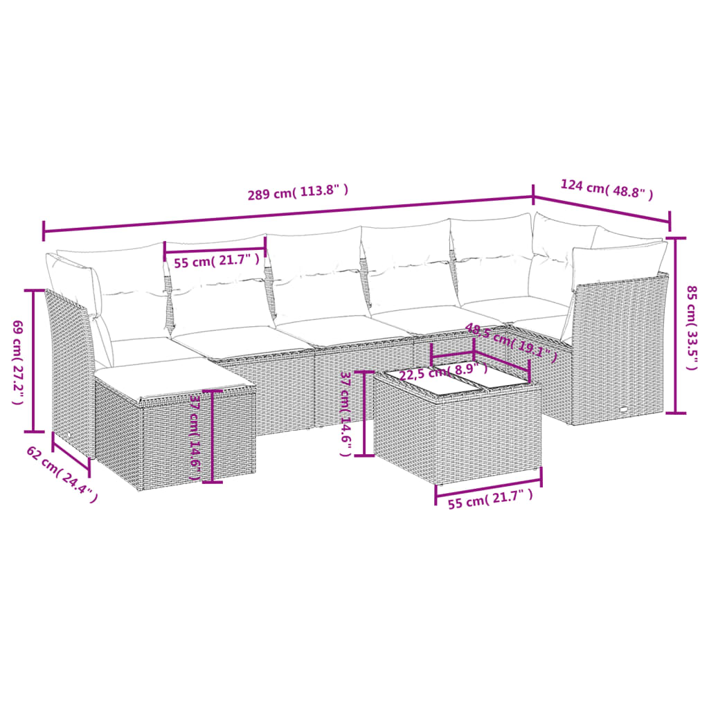 8 Piece Garden Sofa Set with Cushions Black Poly Rattan