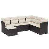 7 Piece Garden Sofa Set with Cushions Black Poly Rattan - Front View