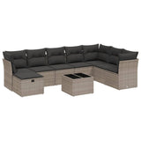 9 Piece Garden Sofa Set with Cushions Grey Poly Rattan - Front View