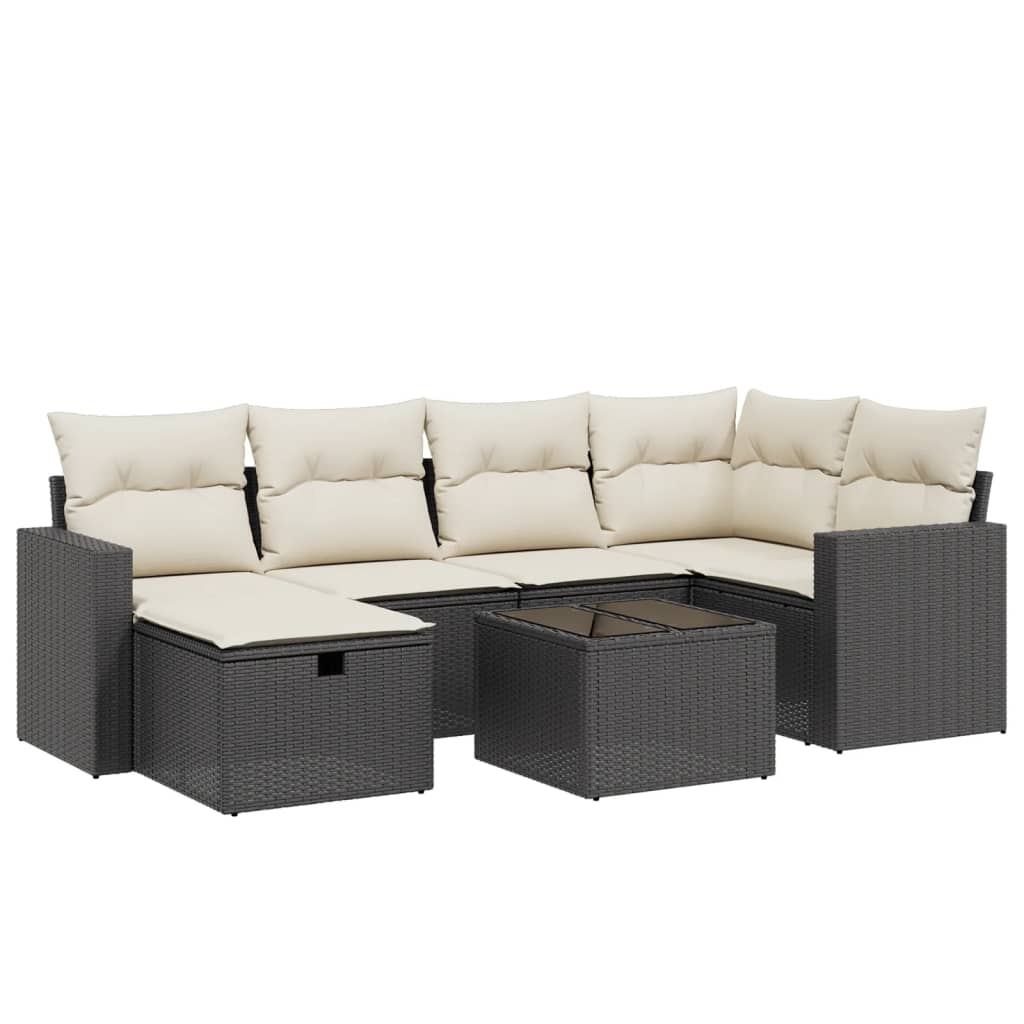 7 Piece Garden Sofa Set with Cushions Black Poly Rattan