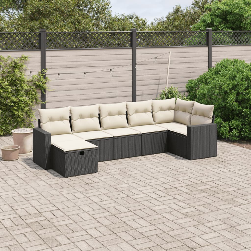 7 Piece Garden Sofa Set with Cushions Black Poly Rattan