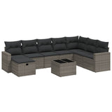 9 Piece Garden Sofa Set with Cushions Grey Poly Rattan - Front View