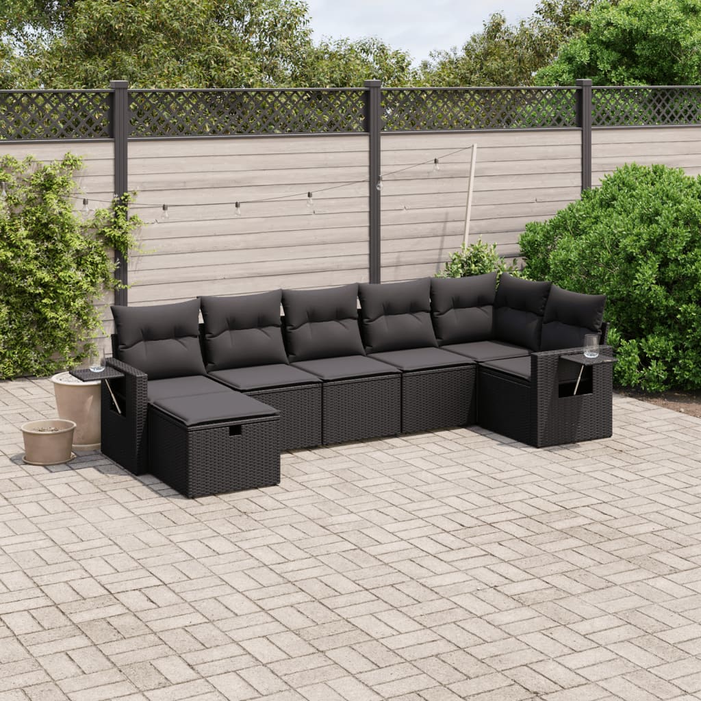 7 Piece Garden Sofa Set with Cushions Black Poly Rattan
