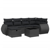 7 Piece Garden Sofa Set with Cushions Black Poly Rattan - Front View