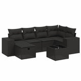 7 Piece Garden Sofa Set with Cushions Black Poly Rattan - Front View
