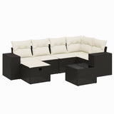 7 Piece Garden Sofa Set with Cushions Black Poly Rattan - Front View
