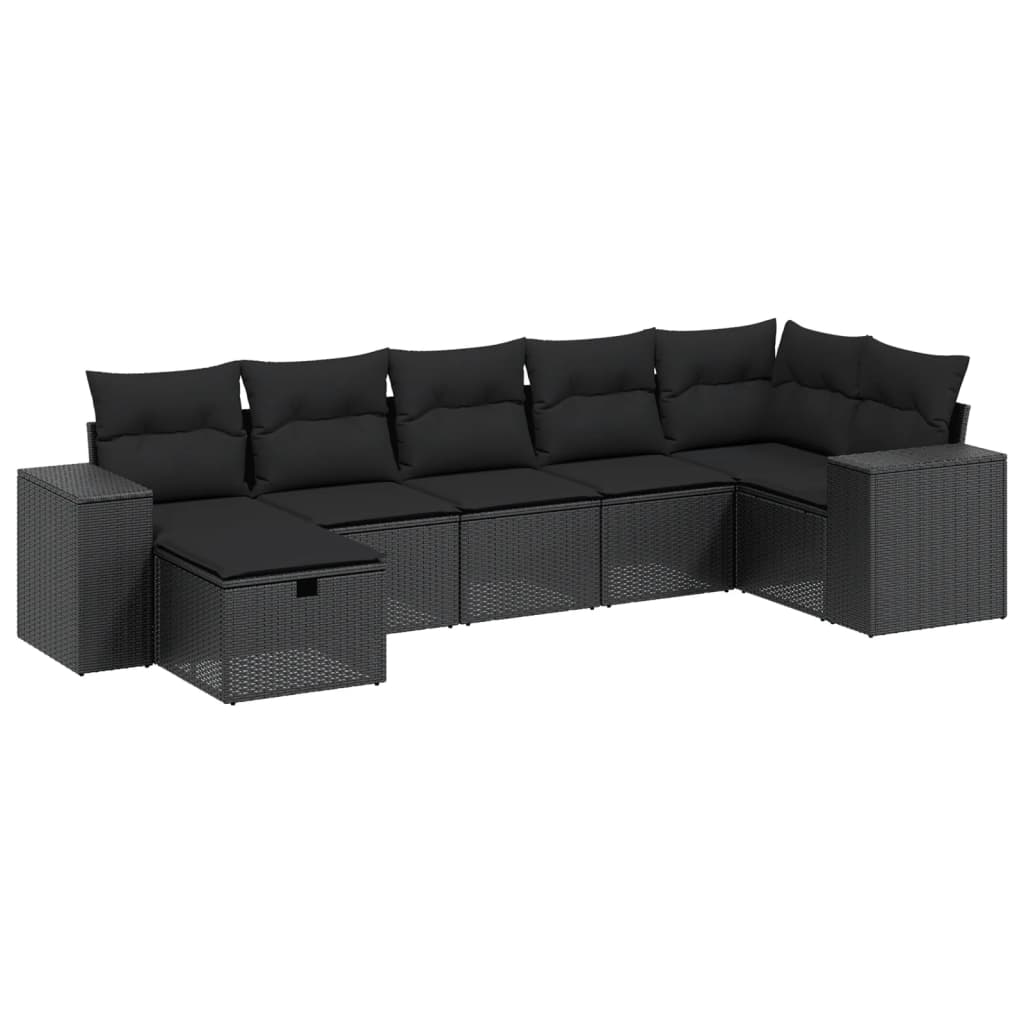7 Piece Garden Sofa Set with Cushions Black Poly Rattan