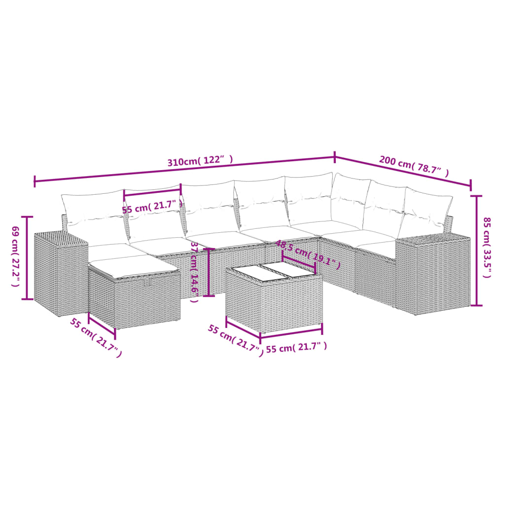 9 Piece Garden Sofa Set with Cushions Black Poly Rattan