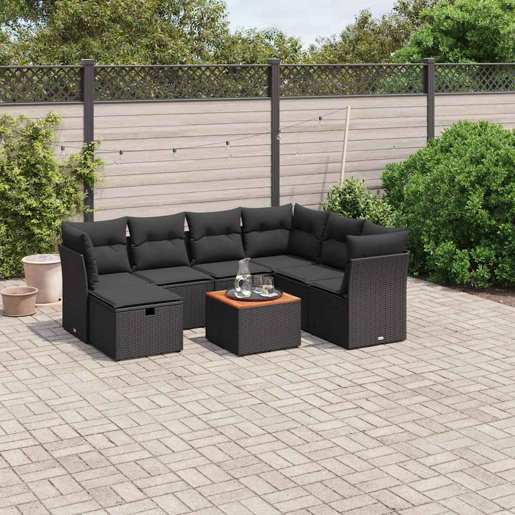 8 Piece Garden Sofa Set with Cushions Black Poly Rattan