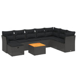 9 Piece Garden Sofa Set with Cushions Black Poly Rattan - Front View