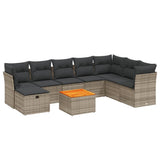 9 Piece Garden Sofa Set with Cushions Grey Poly Rattan - Front View