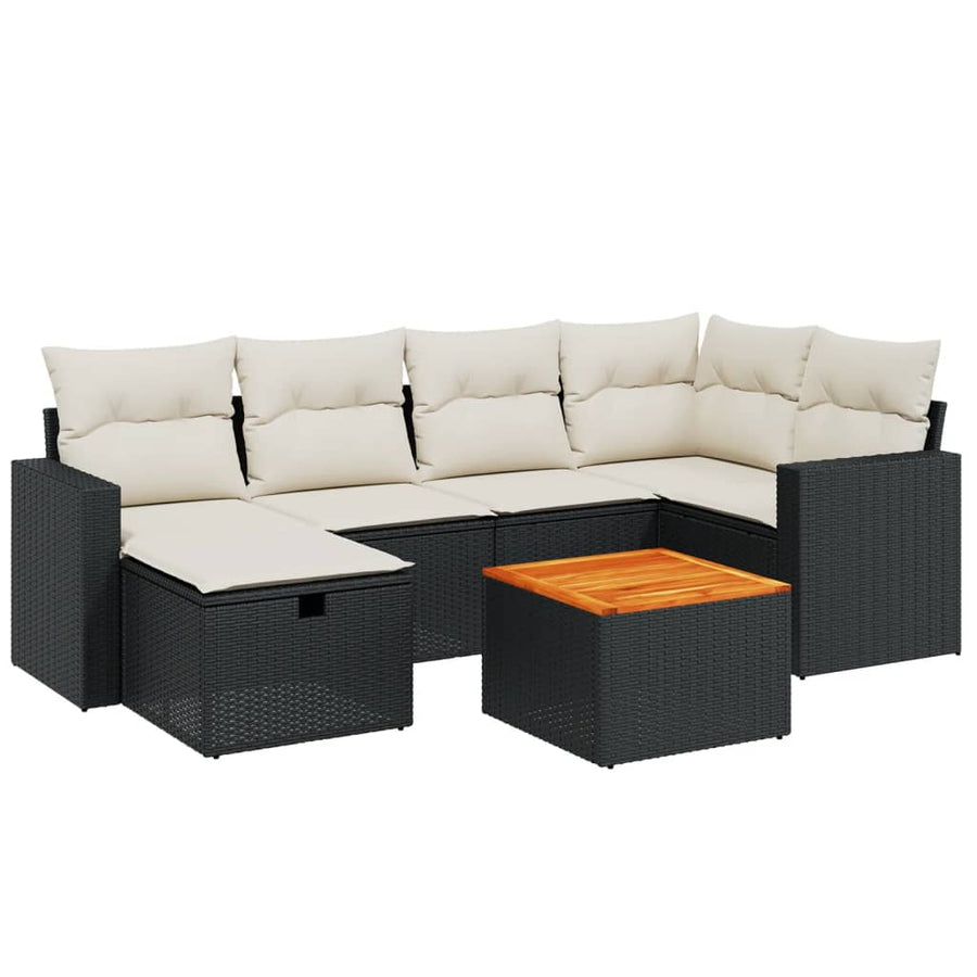 7 Piece Garden Sofa Set with Cushions Black Poly Rattan