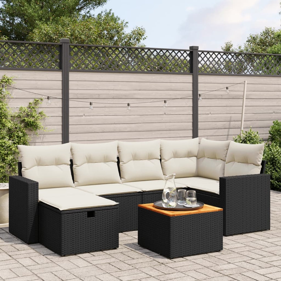 7 Piece Garden Sofa Set with Cushions Black Poly Rattan
