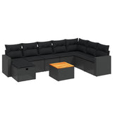9 Piece Garden Sofa Set with Cushions Black Poly Rattan - Front View
