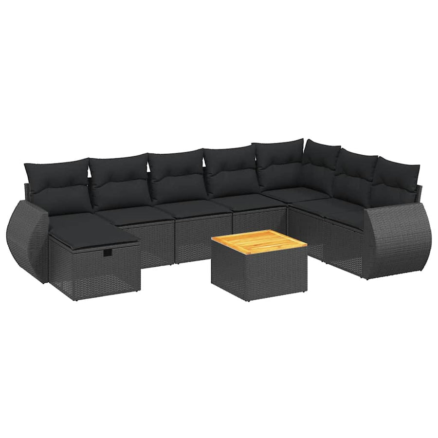 9 Piece Garden Sofa Set with Cushions Black Poly Rattan