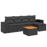 6 Piece Garden Sofa Set with Cushions Black Poly Rattan - Front View