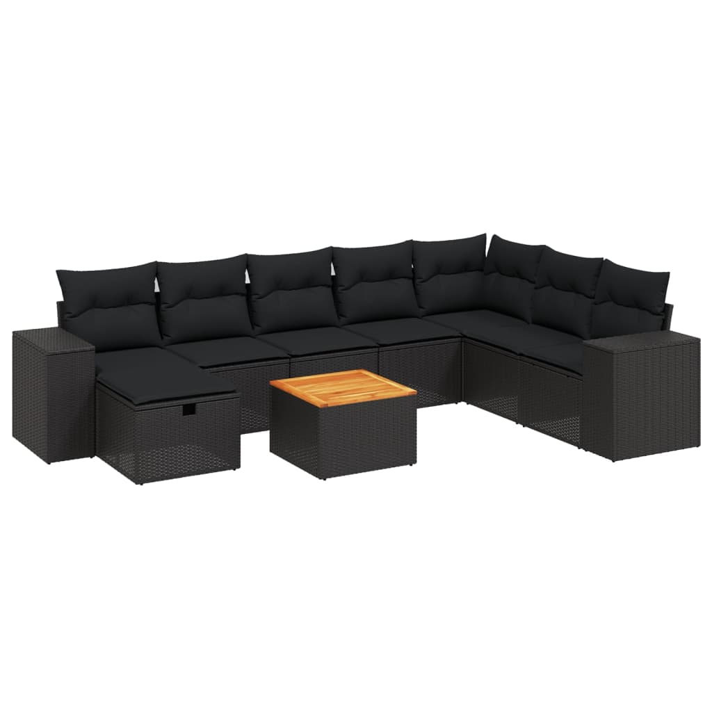 9 Piece Garden Sofa Set with Cushions Black Poly Rattan