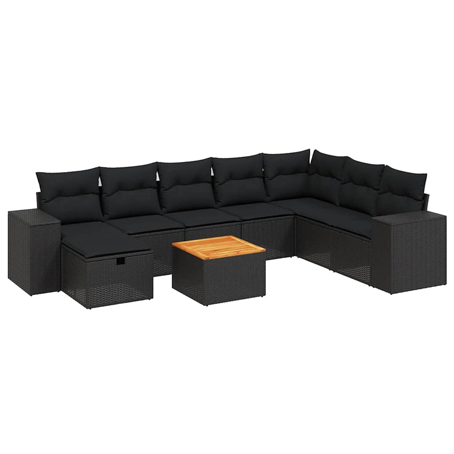 9 Piece Garden Sofa Set with Cushions Black Poly Rattan