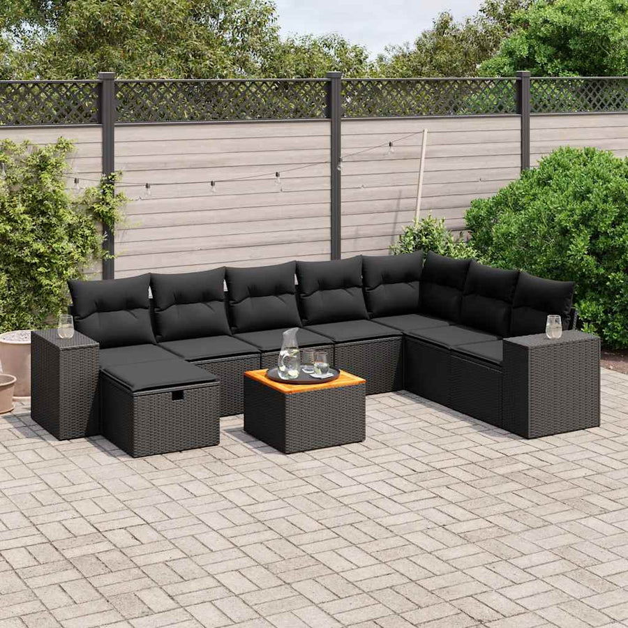 9 Piece Garden Sofa Set with Cushions Black Poly Rattan
