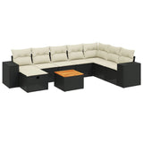 9 Piece Garden Sofa Set with Cushions Black Poly Rattan - Front View