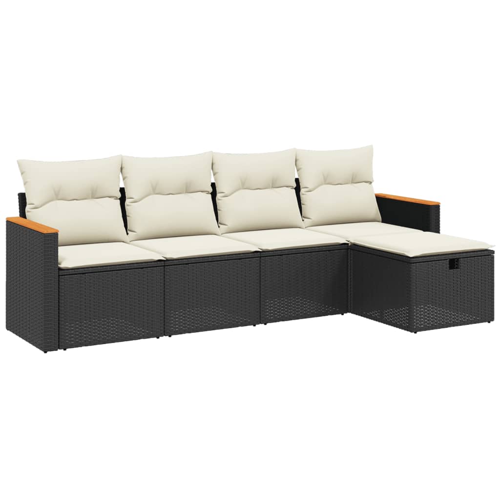 5 Piece Garden Sofa Set with Cushions Black Poly Rattan