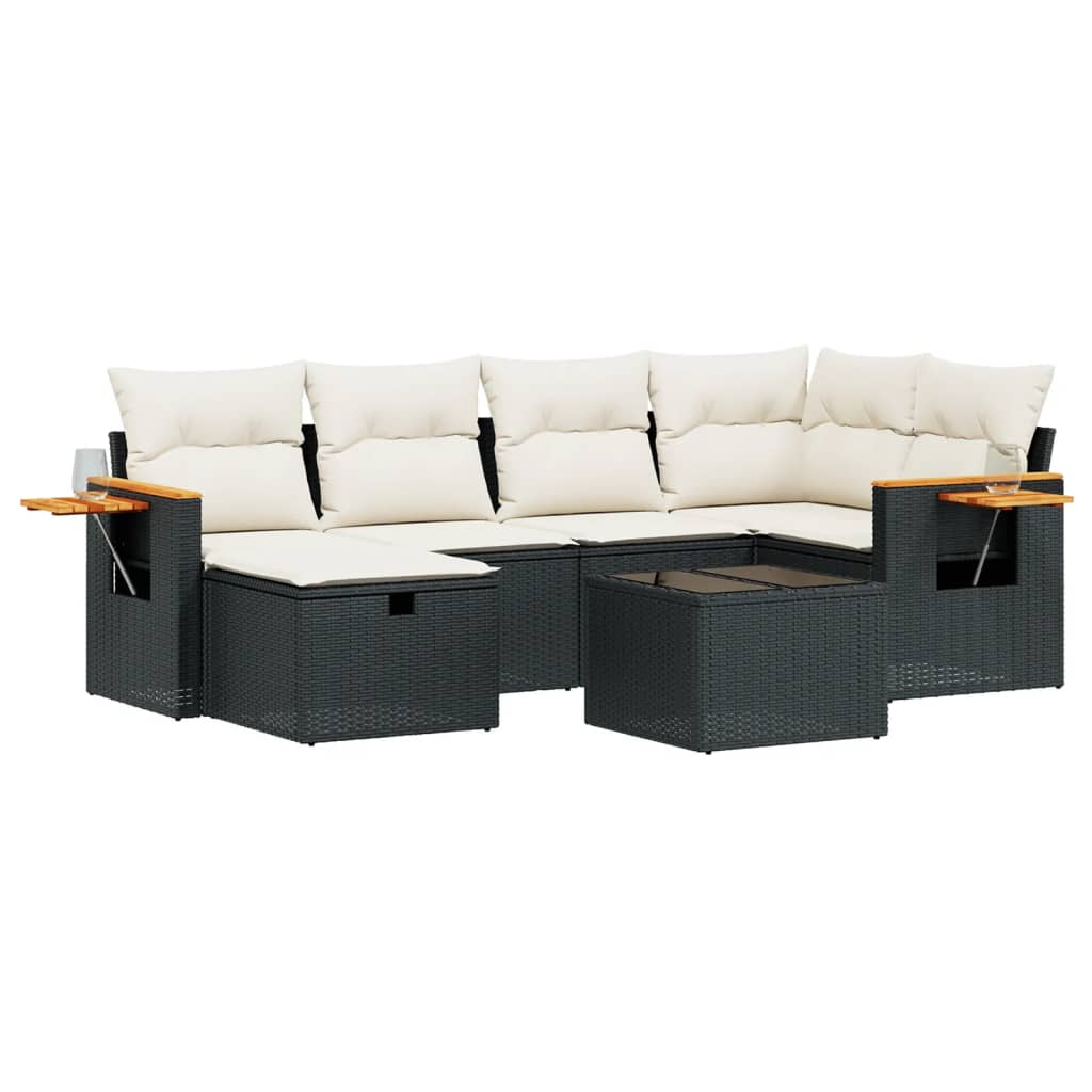 7 Piece Garden Sofa Set with Cushions Black Poly Rattan