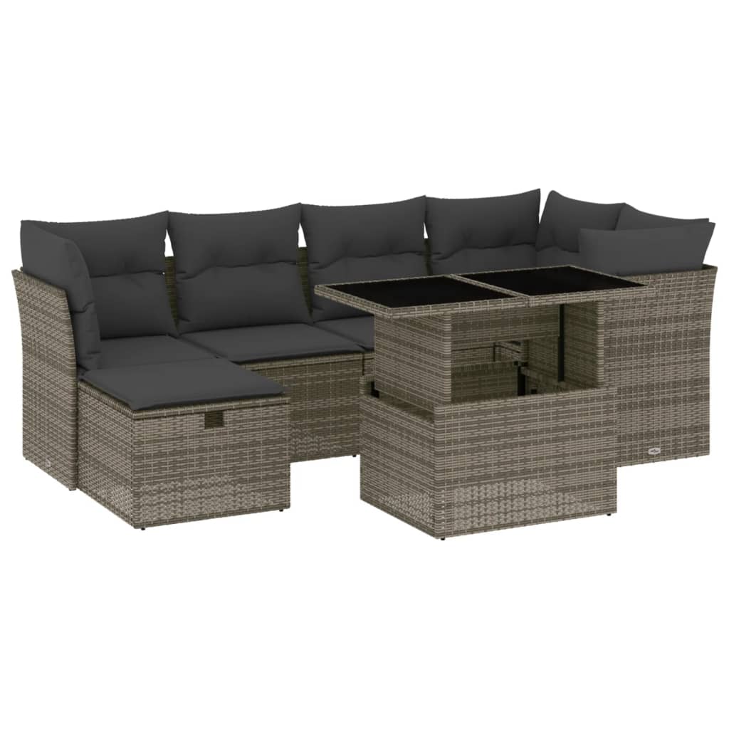 7 Piece Garden Sofa Set with Cushions Grey Poly Rattan