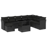 9 Piece Garden Sofa Set with Cushions Black Poly Rattan - Front View