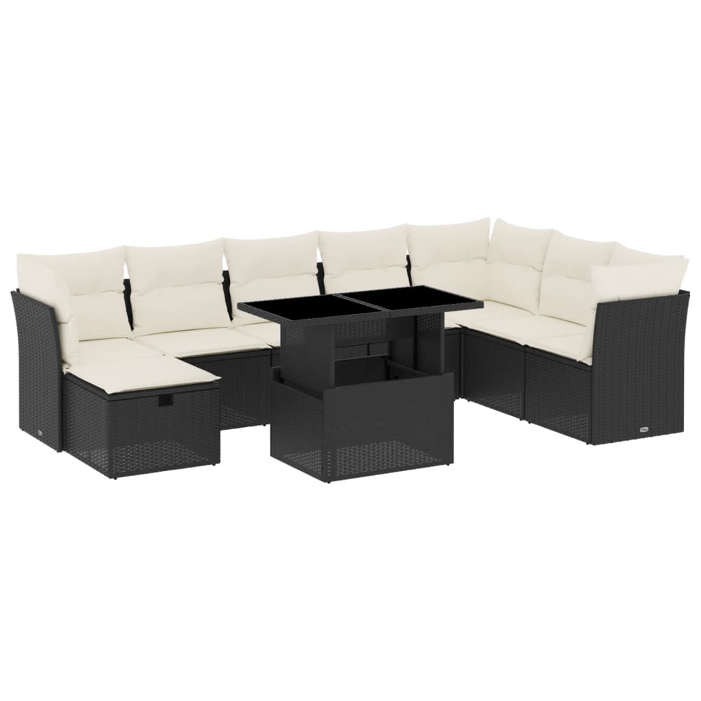 9 Piece Garden Sofa Set with Cushions Black Poly Rattan