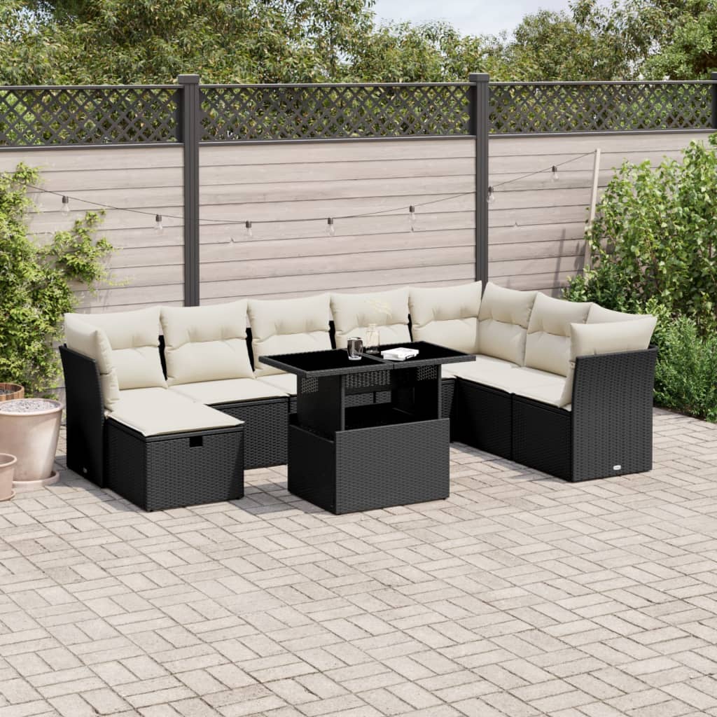 9 Piece Garden Sofa Set with Cushions Black Poly Rattan