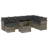 9 Piece Garden Sofa Set with Cushions Grey Poly Rattan - Front View