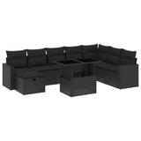 9 Piece Garden Sofa Set with Cushions Black Poly Rattan - Front View