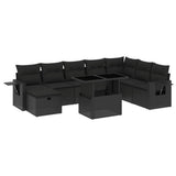 9 Piece Garden Sofa Set with Cushions Black Poly Rattan - Front View