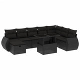 9 Piece Garden Sofa Set with Cushions Black Poly Rattan - Front View