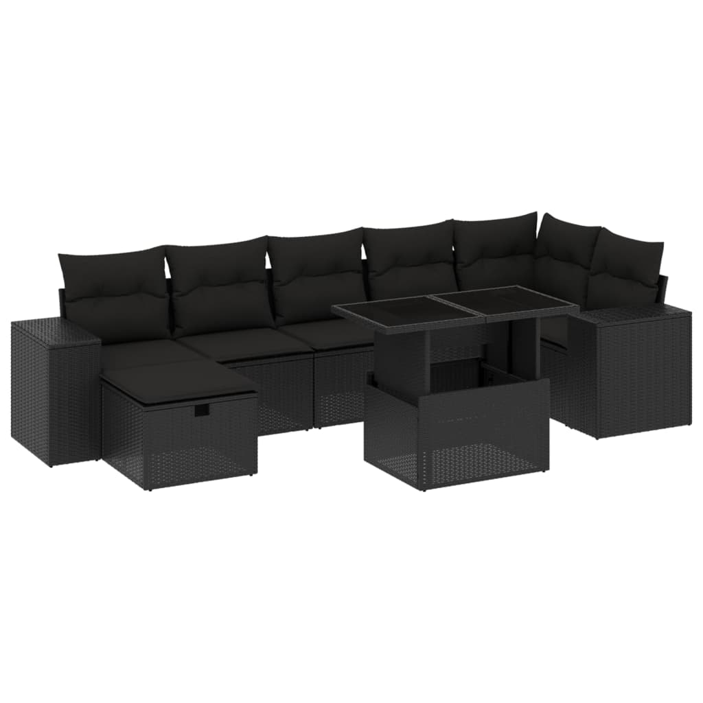8 Piece Garden Sofa Set with Cushions Black Poly Rattan