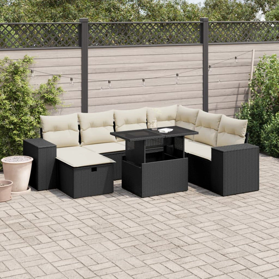 8 Piece Garden Sofa Set with Cushions Black Poly Rattan