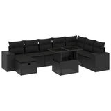 9 Piece Garden Sofa Set with Cushions Black Poly Rattan - Front View