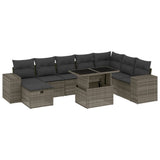 9 Piece Garden Sofa Set with Cushions Grey Poly Rattan - Front View