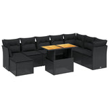 9 Piece Garden Sofa Set with Cushions Black Poly Rattan - Front View