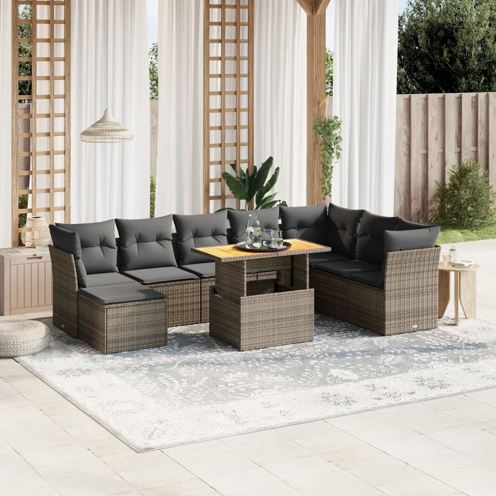 9 Piece Garden Sofa Set with Cushions Grey Poly Rattan
