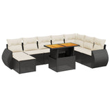 9 Piece Garden Sofa Set with Cushions Black Poly Rattan - Front View